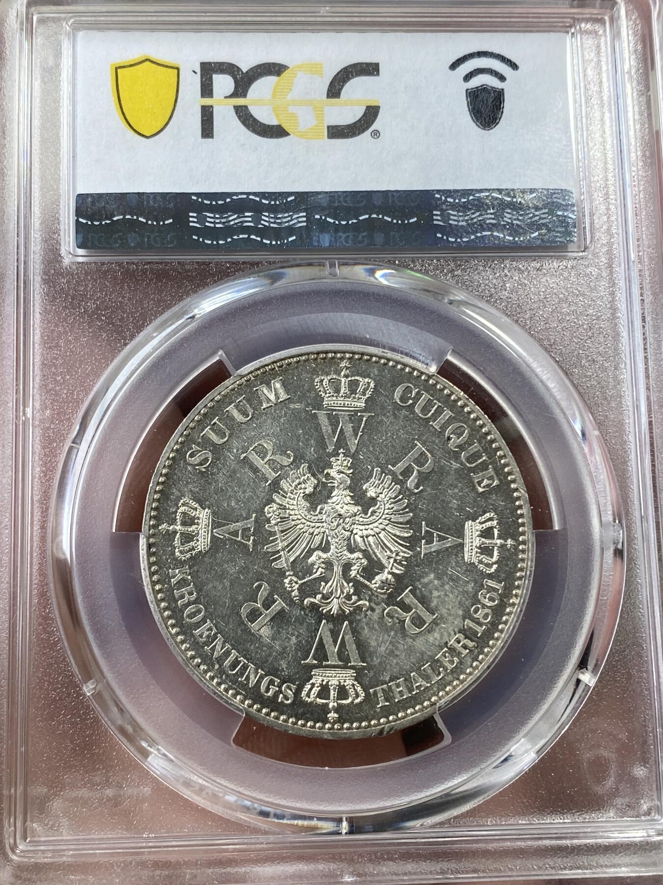 万国钱币拍卖第036期 PCGS MS62PL 1861年德国普鲁士威廉国王加冕纪念流通1泰勒 PL环彩镜面状态 极为不易的收藏品质