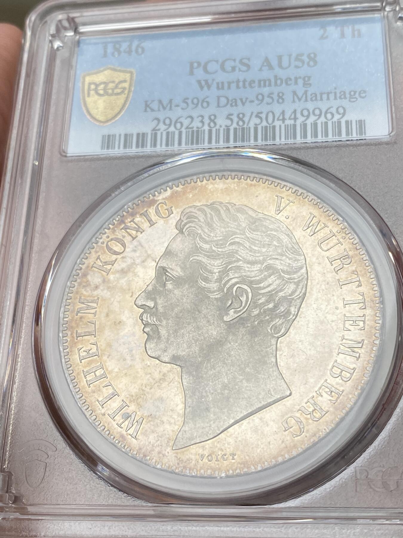 万国钱币拍卖第036期 PCGS AU58 1846年德国符腾堡卡尔王储大婚纪念2泰勒 发行量仅5808枚的2t品种 原味淡金环彩状态