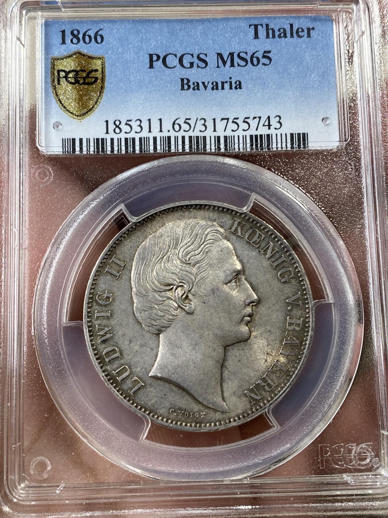万国钱币拍卖第036期 PCGS MS65 1866年德国巴伐利亚路德维希二世双狮盾徽流通1泰勒 高分极难的品种 顶级黄油转光 一步到位的收藏级状态 PC冠军分
