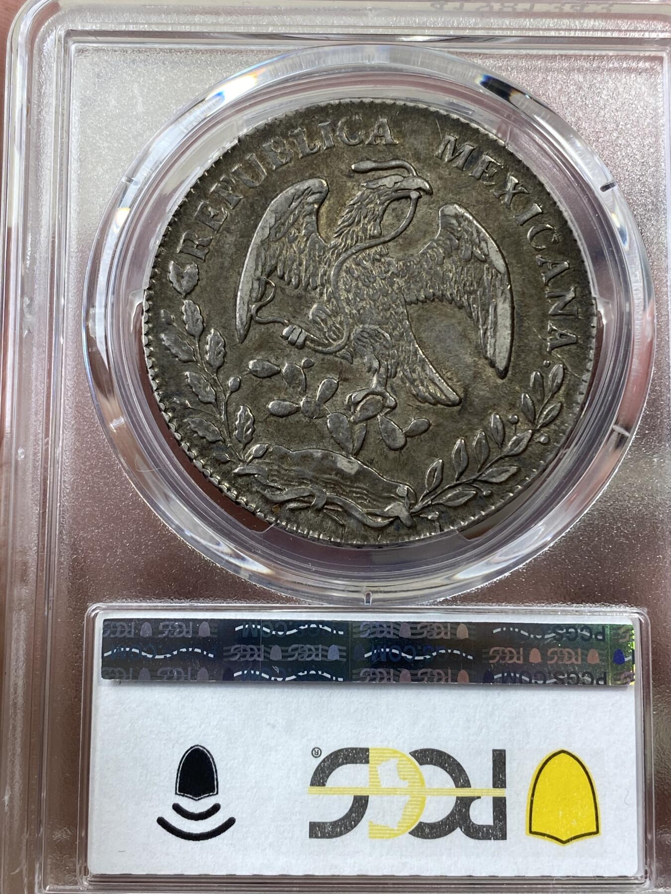 万国钱币拍卖第036期 PCGS AU55 1883年墨西哥CA厂五彩鹰洋8R 全羽五彩 难得的欧式彩浆