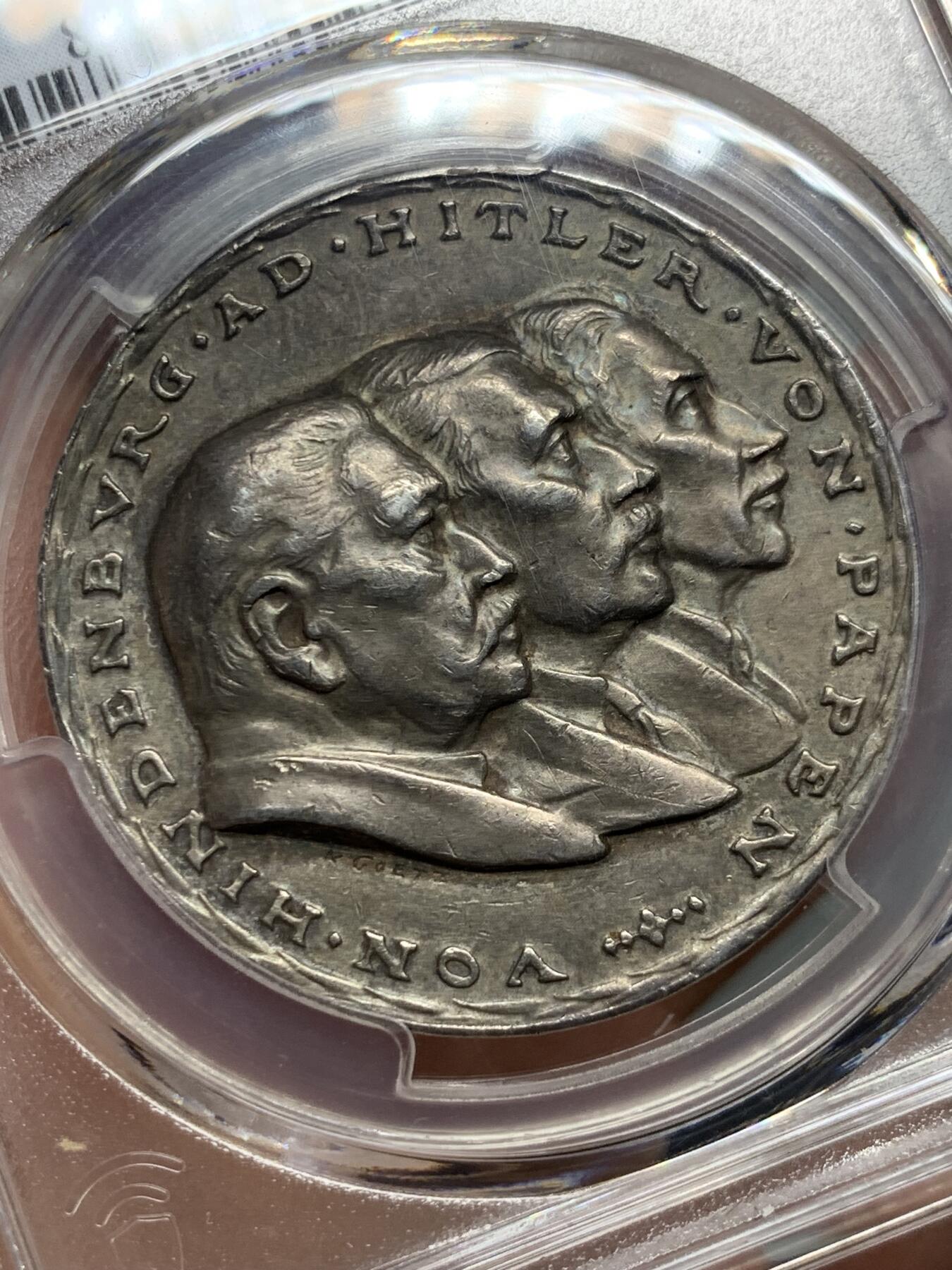 《竞宝斋》第322场 周日，周一，2场连拍 （全场包邮） 唯一亚军分 PCGS SP62 哥茨力作 德国 1933 魏玛共和国兴登堡提名工人党党魁任总理  AG matte 特别版纪念银章 名誉品种