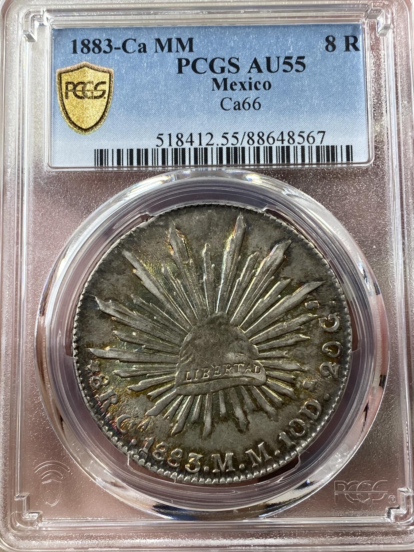 万国钱币拍卖第036期 PCGS AU55 1883年墨西哥CA厂五彩鹰洋8R 全羽五彩 难得的欧式彩浆