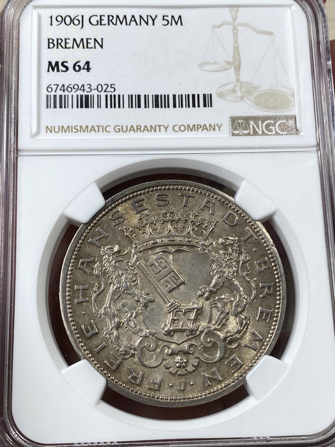 万国钱币拍卖第036期 NGC MS64 1906年德国不莱梅长翅流通5马克 自由市名誉品种 原味香槟彩