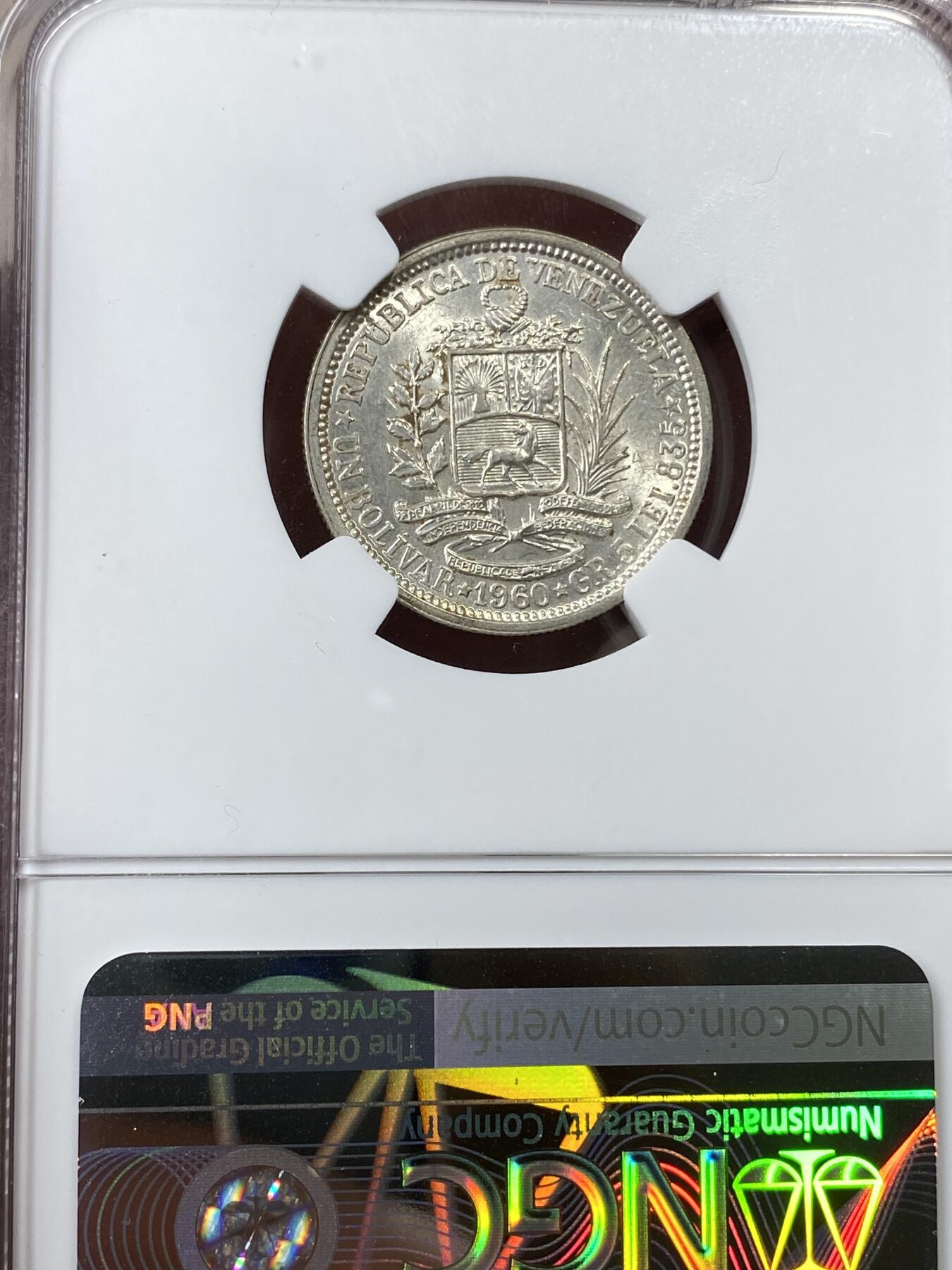万国钱币拍卖第036期 NGC MS62 1960年委内瑞拉1玻利瓦尔银币