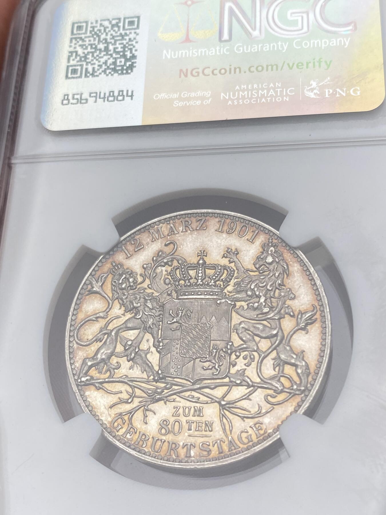 万国钱币拍卖第036期 NGC MS63DPL 1901年德国巴伐利亚利奥波德摄政王80大寿纪念银章 罕见品种 深度镜面五彩 双狮护盾表现力拉满