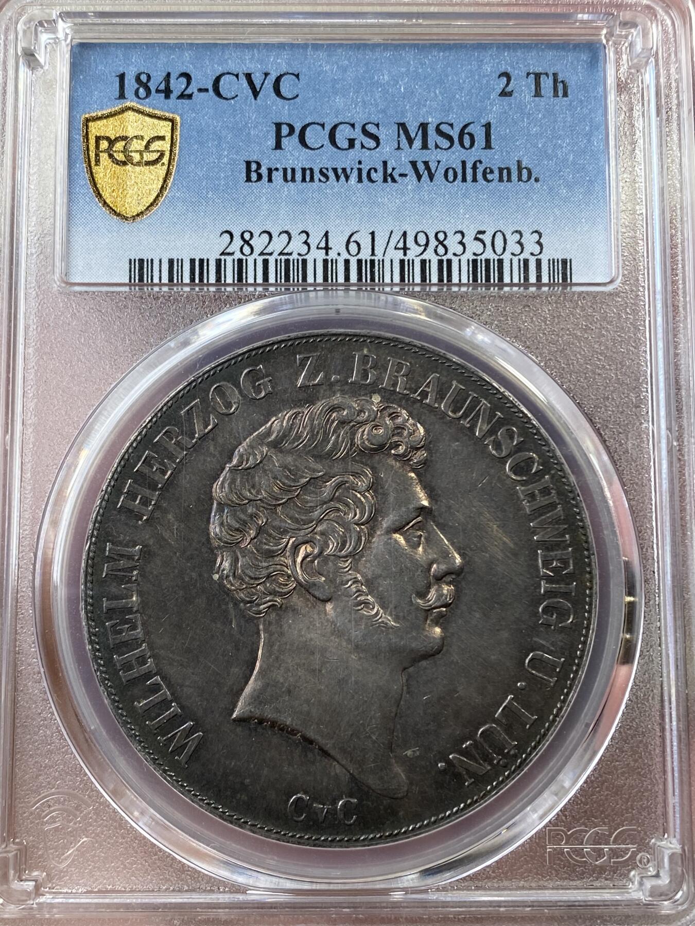 万国钱币拍卖第036期 PCGS MS61 1842年德国布伦瑞克-狼堡CVC流通2泰勒 好品极难的CVC狼堡2t，和无CVC的难度不在一个层面，全深打酱五彩状态，更高分仅1枚。