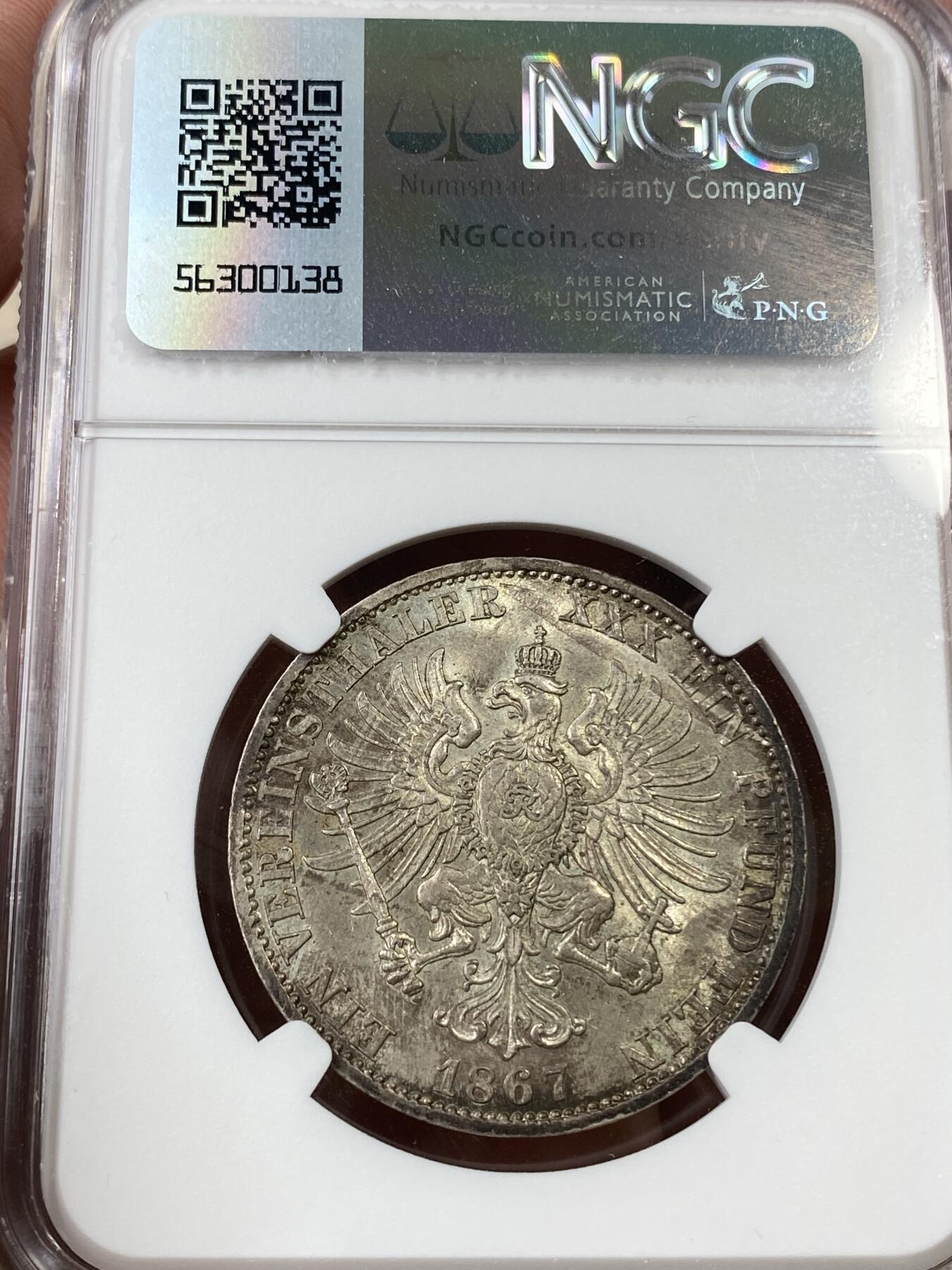 万国钱币拍卖第036期 NGC MS62 1867年德国威廉国王鹰徽流通1泰勒 流通最为广泛的品种之一 难得的欧洲五彩