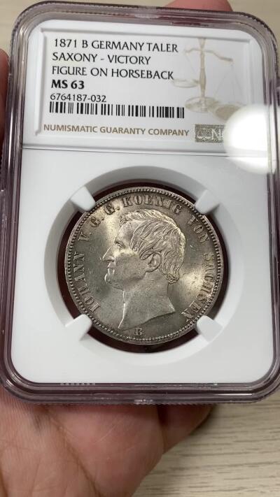 万国钱币拍卖第036期 NGC MS63 1871年德国萨克森普法战争胜利纪念1泰勒 胜利系列中最难的品种 女武神与战马的组合英姿飒爽 全原光状态 细节炸裂