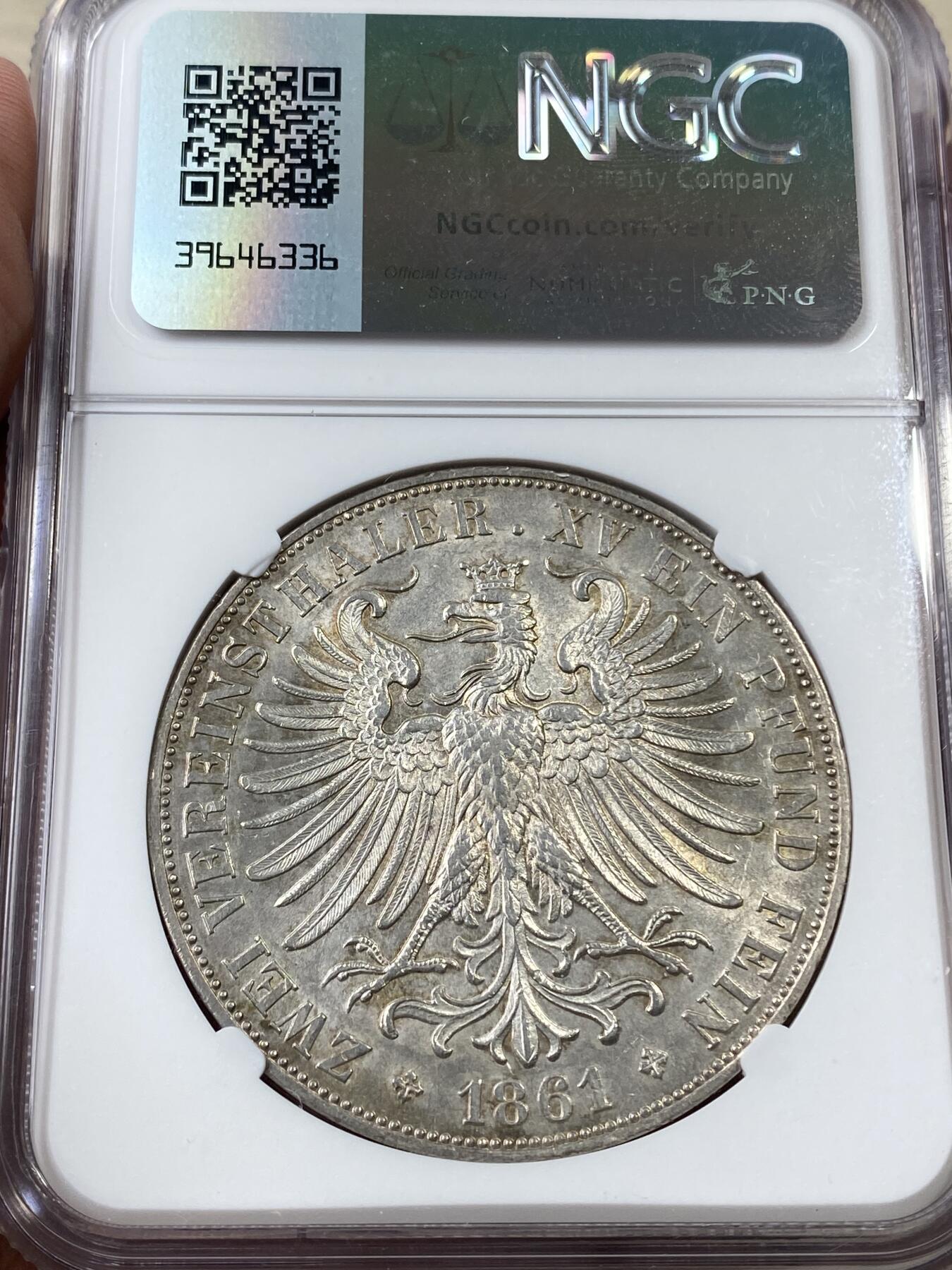 万国钱币拍卖第036期 NGC MS61 1861年德国法兰克福少女流通2泰勒 经典品种 原光品质