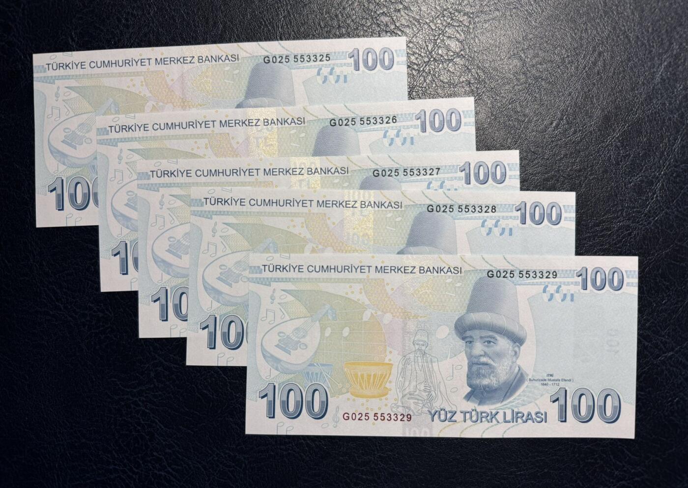 收藏联盟Quantum Auction 第387期拍卖  土耳其2009版100里拉五连号 品相全新UNC 号码无4  音乐家和诗人 伊德里