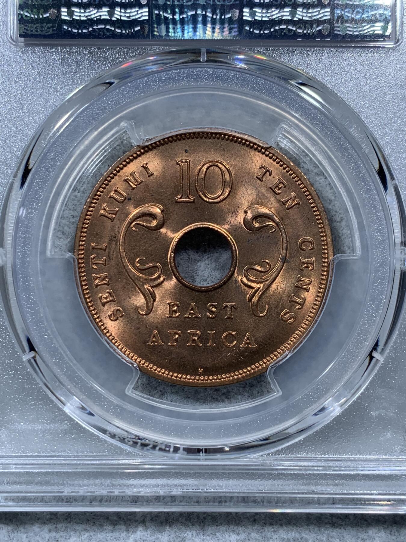 《竞宝斋》第322场 周日，周一，2场连拍 （全场包邮） PCGS MS65RD 高分+RD  1964H 英属东非10分 两面都是闪闪发亮的原铜光 那么大的币面 65分已是相当不易 可藏！