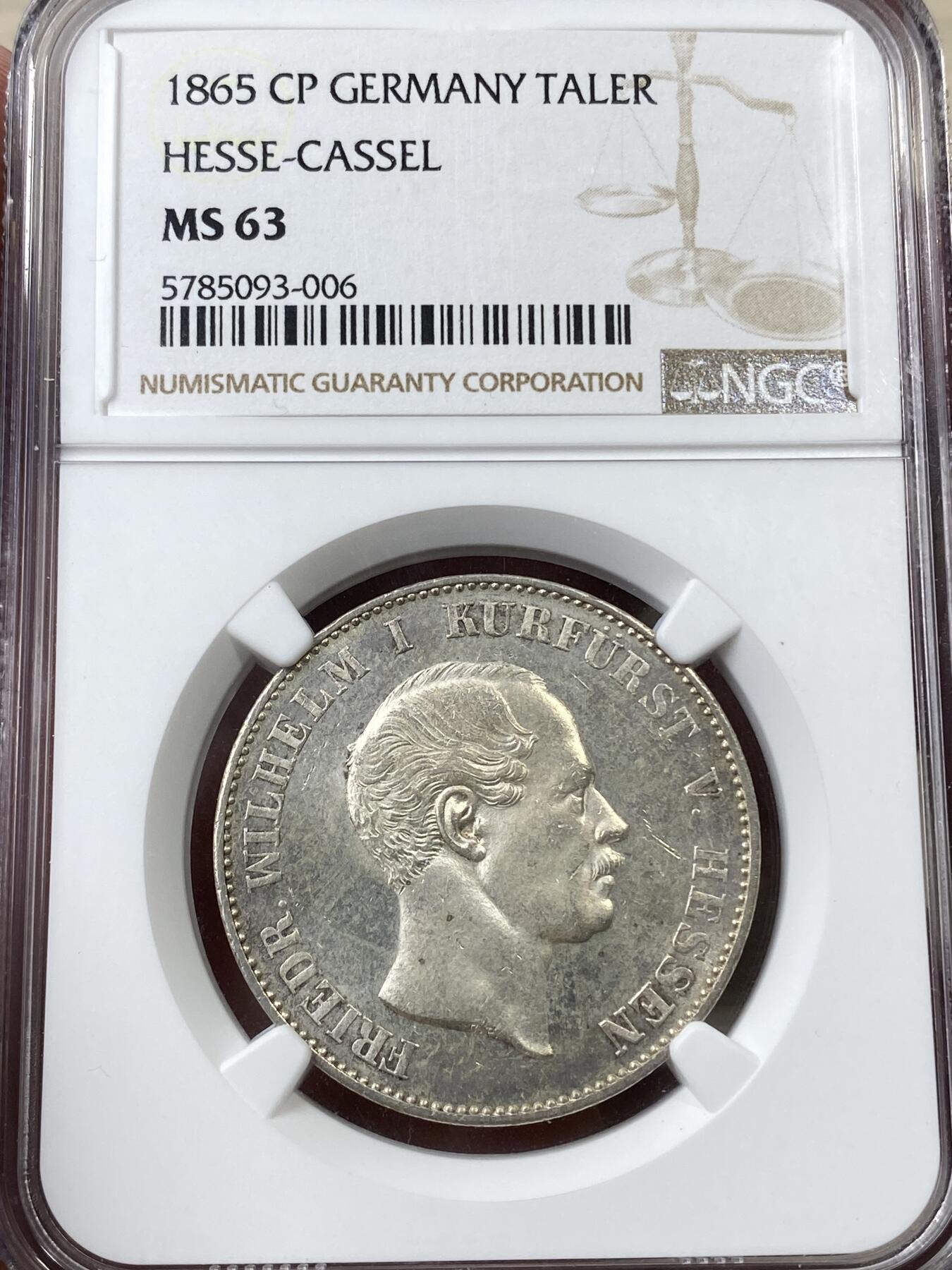 万国钱币拍卖第036期 NGC MS63 1865年德国黑森·卡塞尔CP盾徽流通1泰勒 喷砂感极强的小邦品种 原味转光 更高分仅一枚