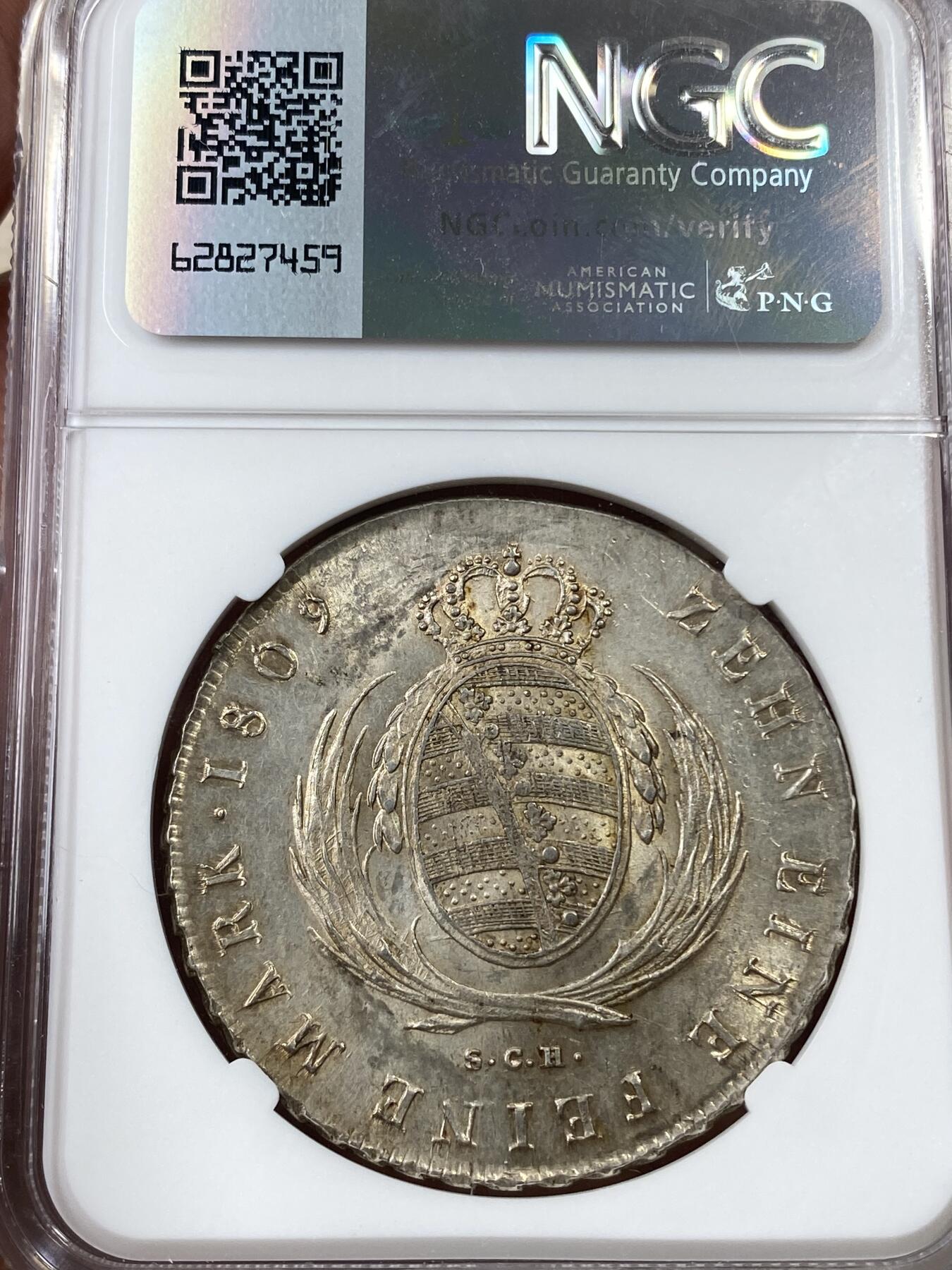 万国钱币拍卖第036期 NGC MS62 1809年德国萨克森奥古斯特皇冠大泰勒 全深打黄油转光 超级难得的品相