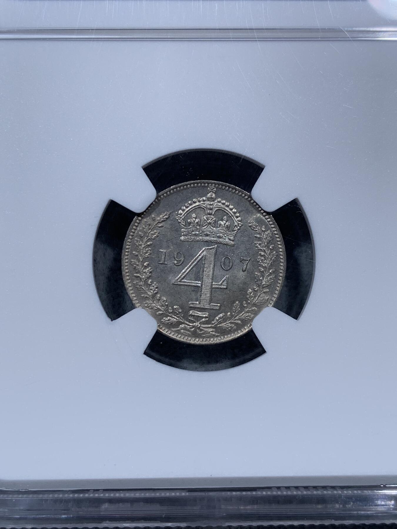 《竞宝斋》第322场 周日，周一，2场连拍 （全场包邮） NGC MS66+ 英国1907年爱德华七世4便士 濯足币最大面值，第三名高分，N盒上面仅7枚更高，爱七值得把玩