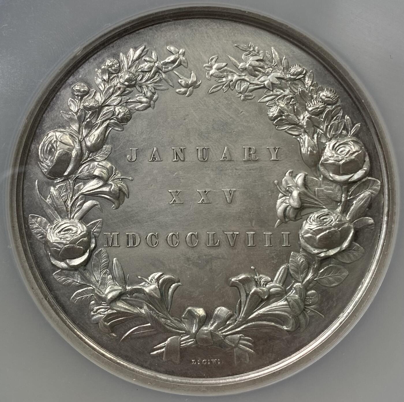 万国钱币拍卖第036期 NGC UNCD 1858年德国普鲁士威廉王子与维多利亚结婚纪念大银章 罕见高浮雕大银饼 63MM 118G