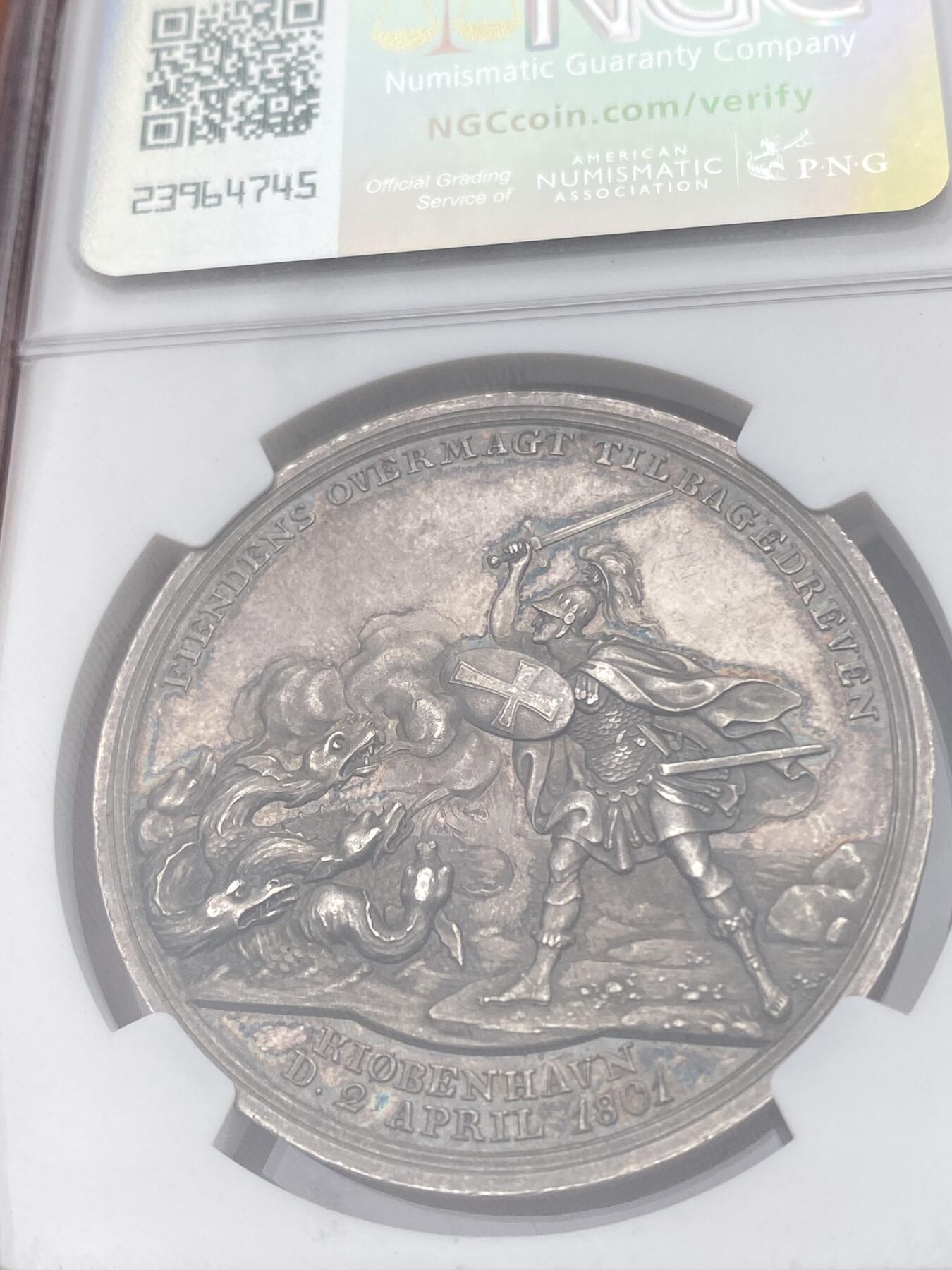 万国钱币拍卖第036期 NGC MS61 1801年丹麦克里斯蒂安七世纪念哥本哈根战役银章 战神与九头龙激战