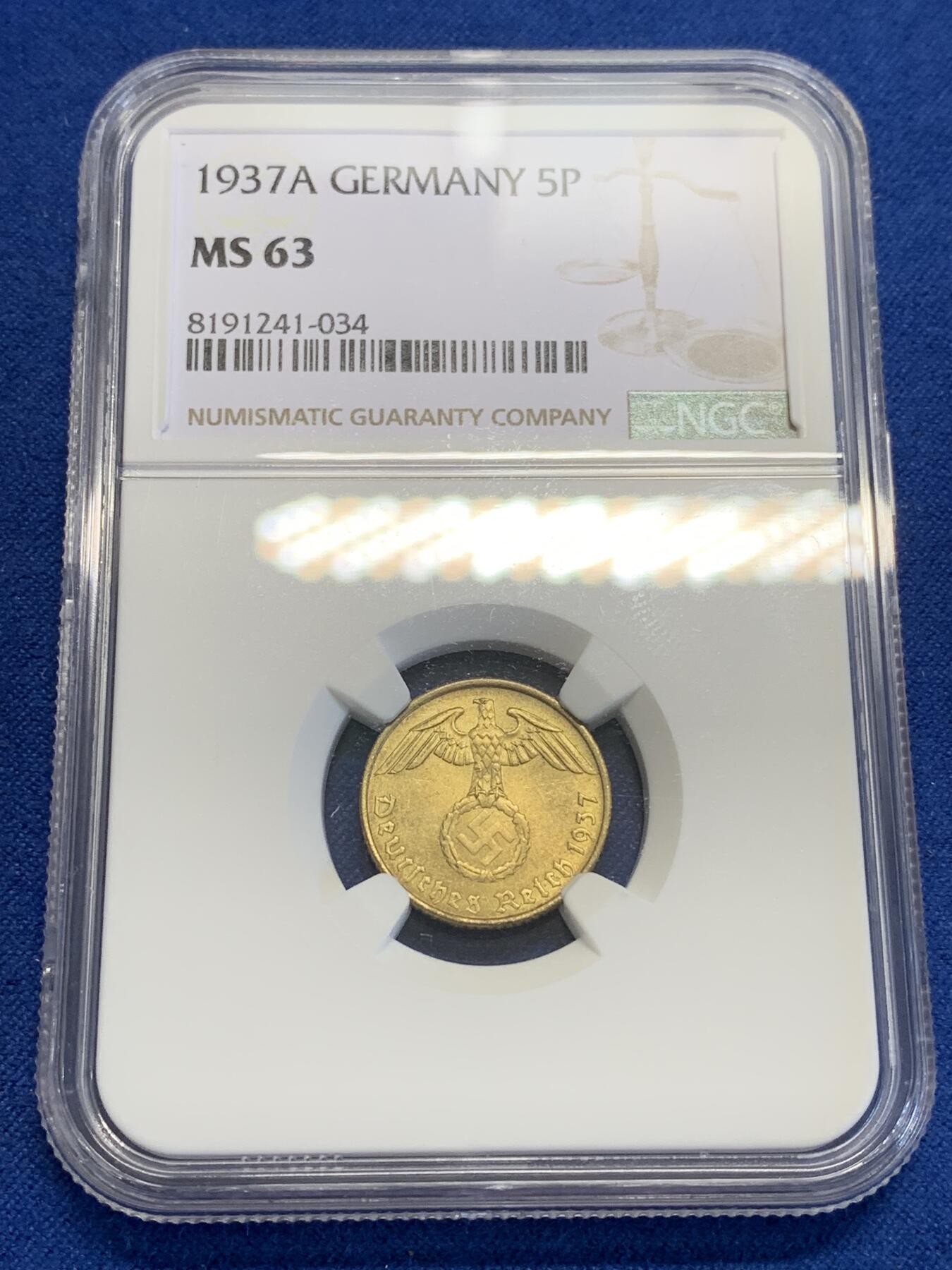 《竞宝斋》第323场 周日，周一，2场连拍 （全场包邮） NGC MS63 德国1937年A版帝国5盆尼