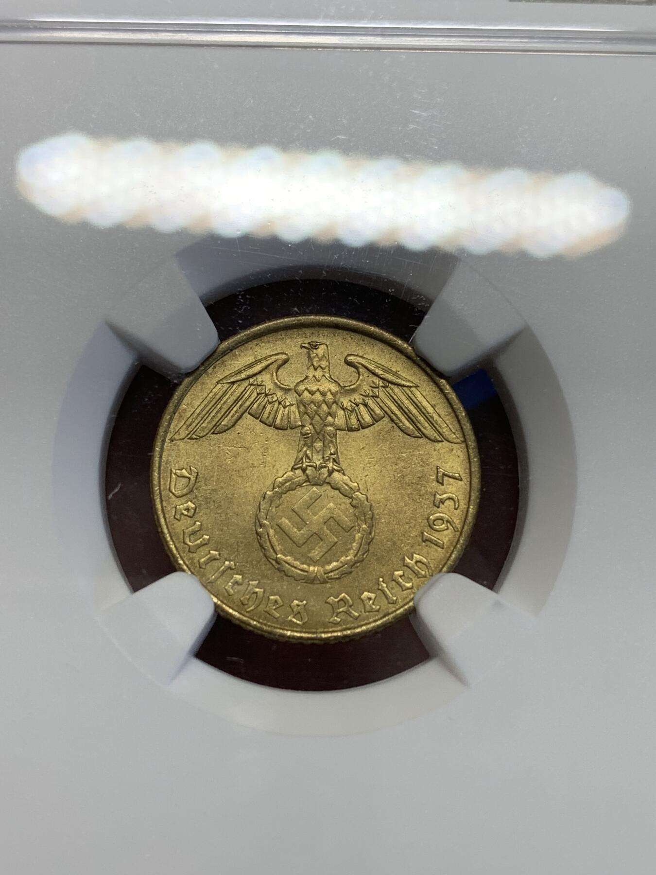 《竞宝斋》第323场 周日，周一，2场连拍 （全场包邮） NGC MS63 德国1937年A版帝国5盆尼