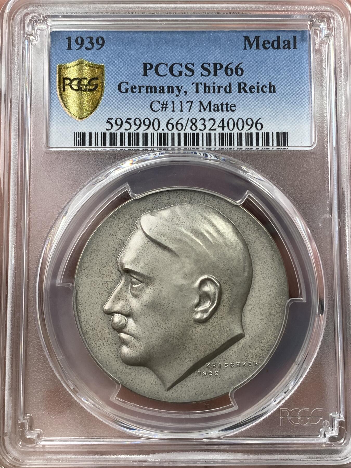 万国钱币拍卖第036期 PCGS SP66 1939年德国民族社会主义工人党党魁50周岁纪念银章 原盒五彩 磨砂精铸 难以逾越的天花板级别品相（原图请私信后台或自行查询评级官网）