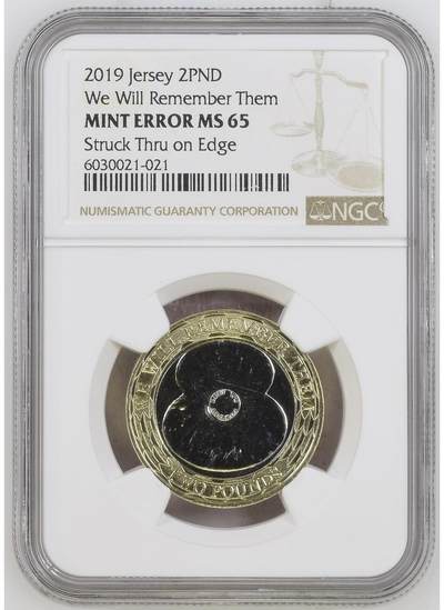 S&S Numismatic世界钱币-拍卖 第126期  泽西岛2019年 我们会记住他们 2英镑双色纪念币 NGC MINT ERROR MS65 造币厂错误-边缘处撞击穿透