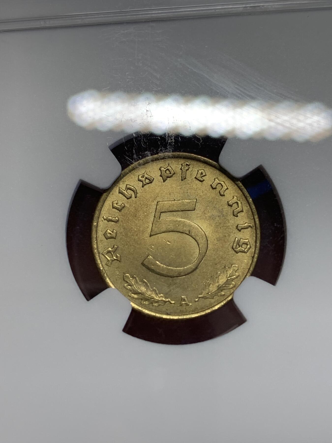 《竞宝斋》第323场 周日，周一，2场连拍 （全场包邮） NGC MS63 德国1937年A版帝国5盆尼