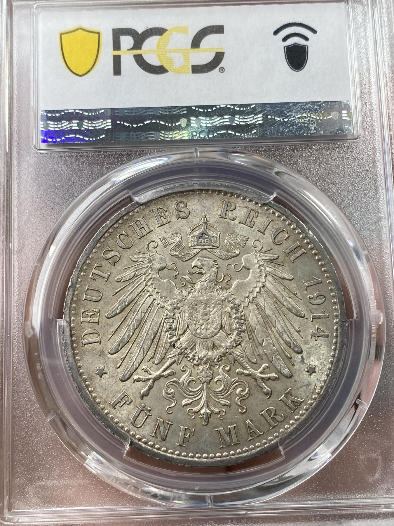 万国钱币拍卖第036期 PCGS MS62 1914年德国威廉二世军装长翅5马克 经典品种 原味转光