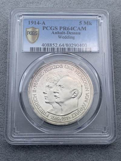 《竞宝斋》第323场 周日，周一，2场连拍 （全场包邮） - PCGS PR64CAM 德国1914年安哈特德绍结婚纪念5马克精制银币，金色靓丽包浆，高分精铸马克愈发稀少