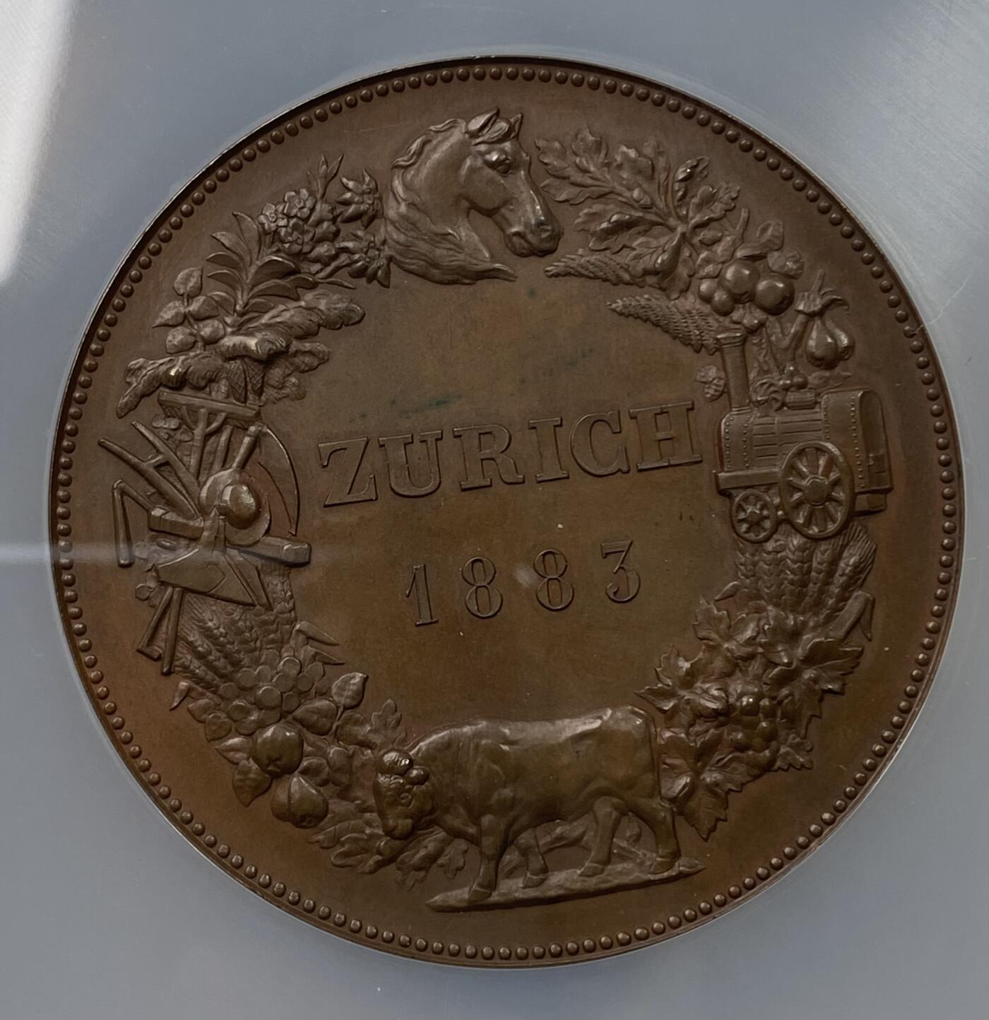 万国钱币拍卖第036期 NGC MS64 1883年瑞士苏黎世国家博览会纪念大铜章 工农业博览会罕见品种
