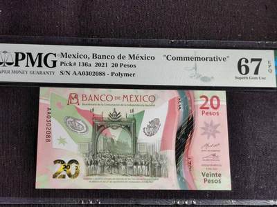 刘世昌艺术品销售中心～虎踞龙蟠*金杨在线联拍群第514期 - 墨西哥2021年“独立200周年”20比索纪念钞（PMG 67E 号码：AA0302088）1枚。