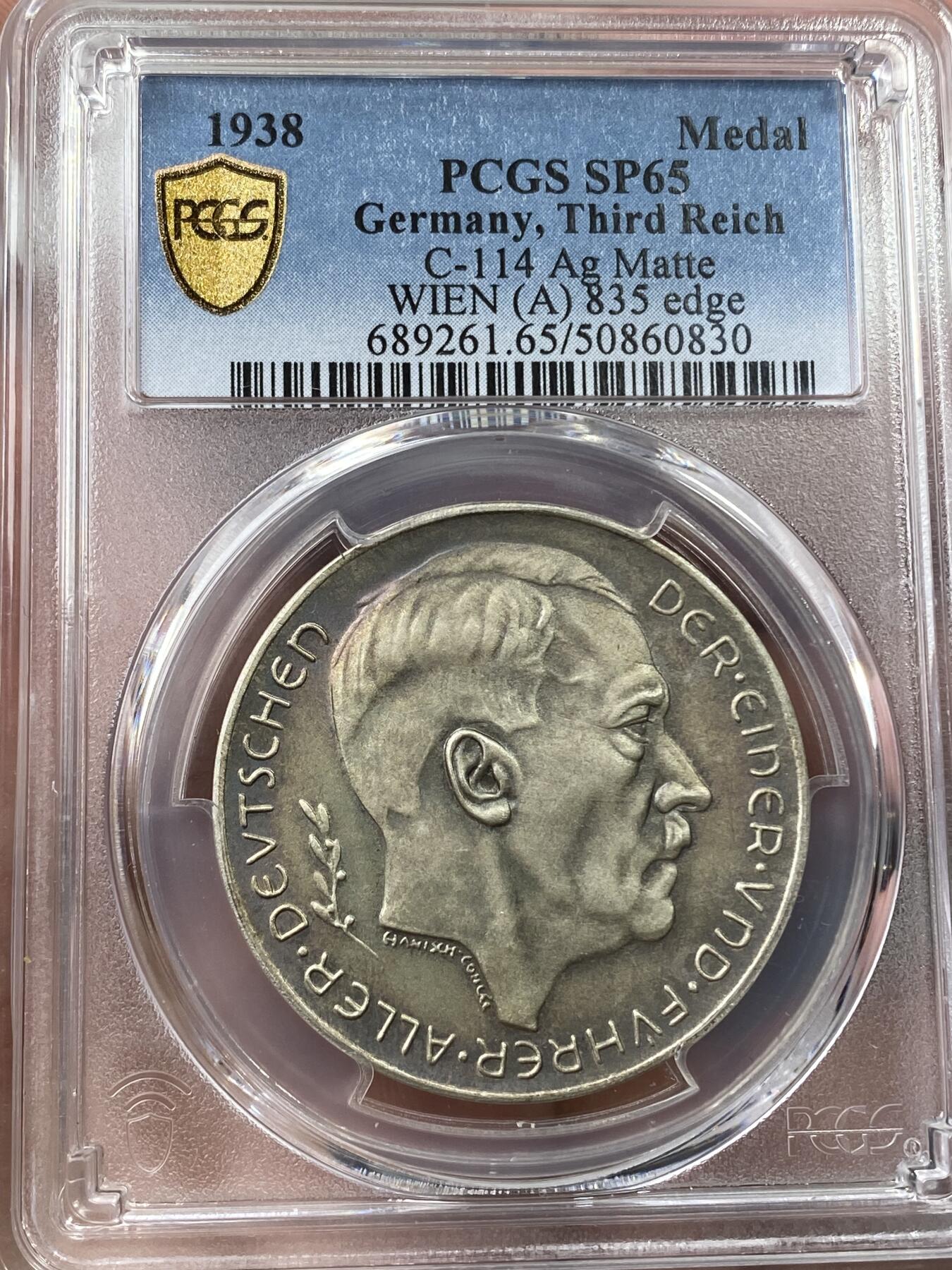 万国钱币拍卖第036期 PCGS SP65 1938年德国民族社会主义工人党党魁纪念吞并奥地利银章 顶级状态 磨砂五彩 可遇不可求的品质 PC冠军分
