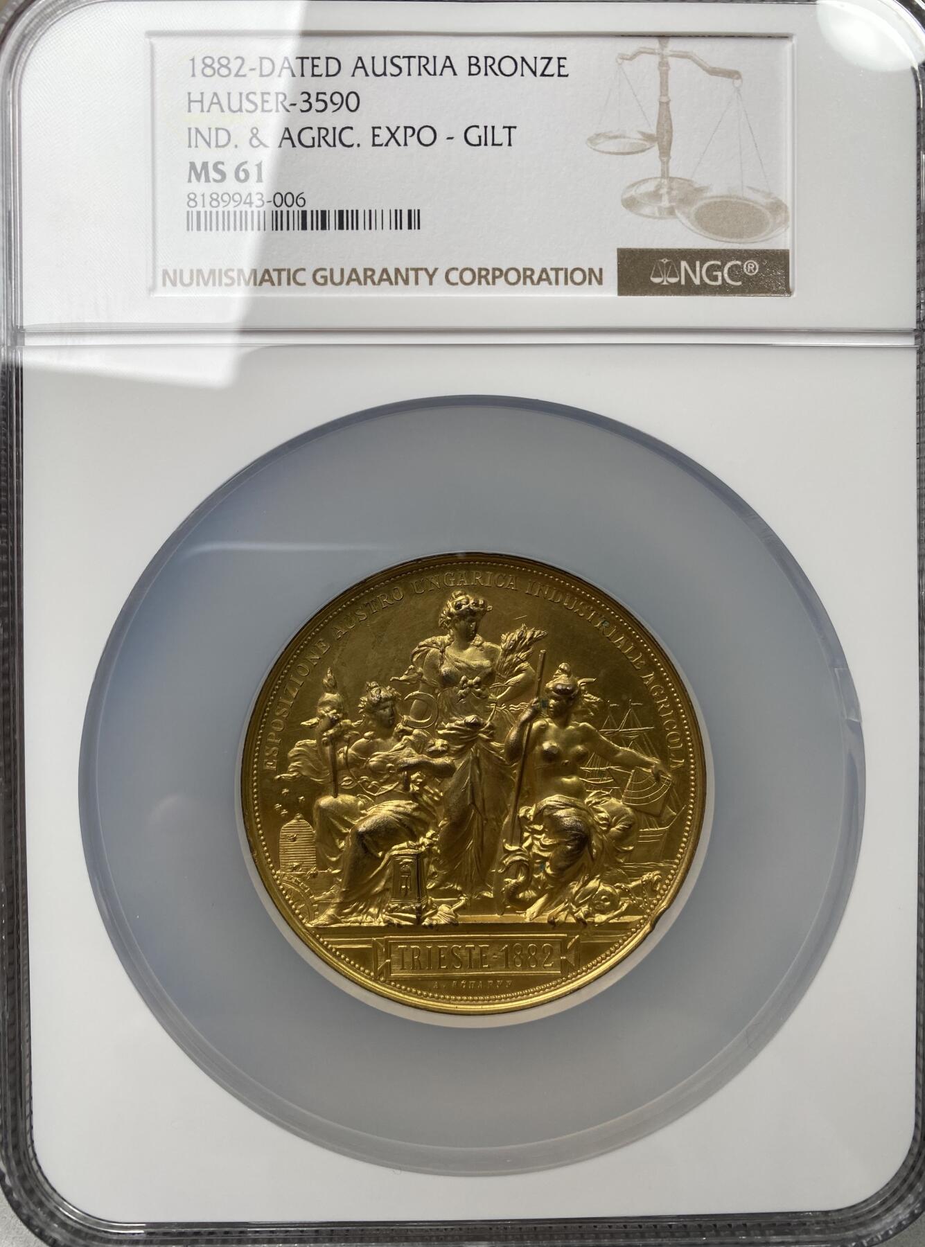 万国钱币拍卖第036期 NGC MS61 1882年奥地利弗朗茨一世纪念奥匈帝国工农业博览会镀金大铜章 奢华至极的高浮雕