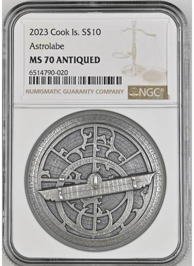 S&S Numismatic世界钱币-拍卖 第85期  - 获奖币*库克群岛2023年 历史仪器(1)星盘 10元高浮雕仿古2盎司纪念银币 NGC MS70冠军分，无盒证