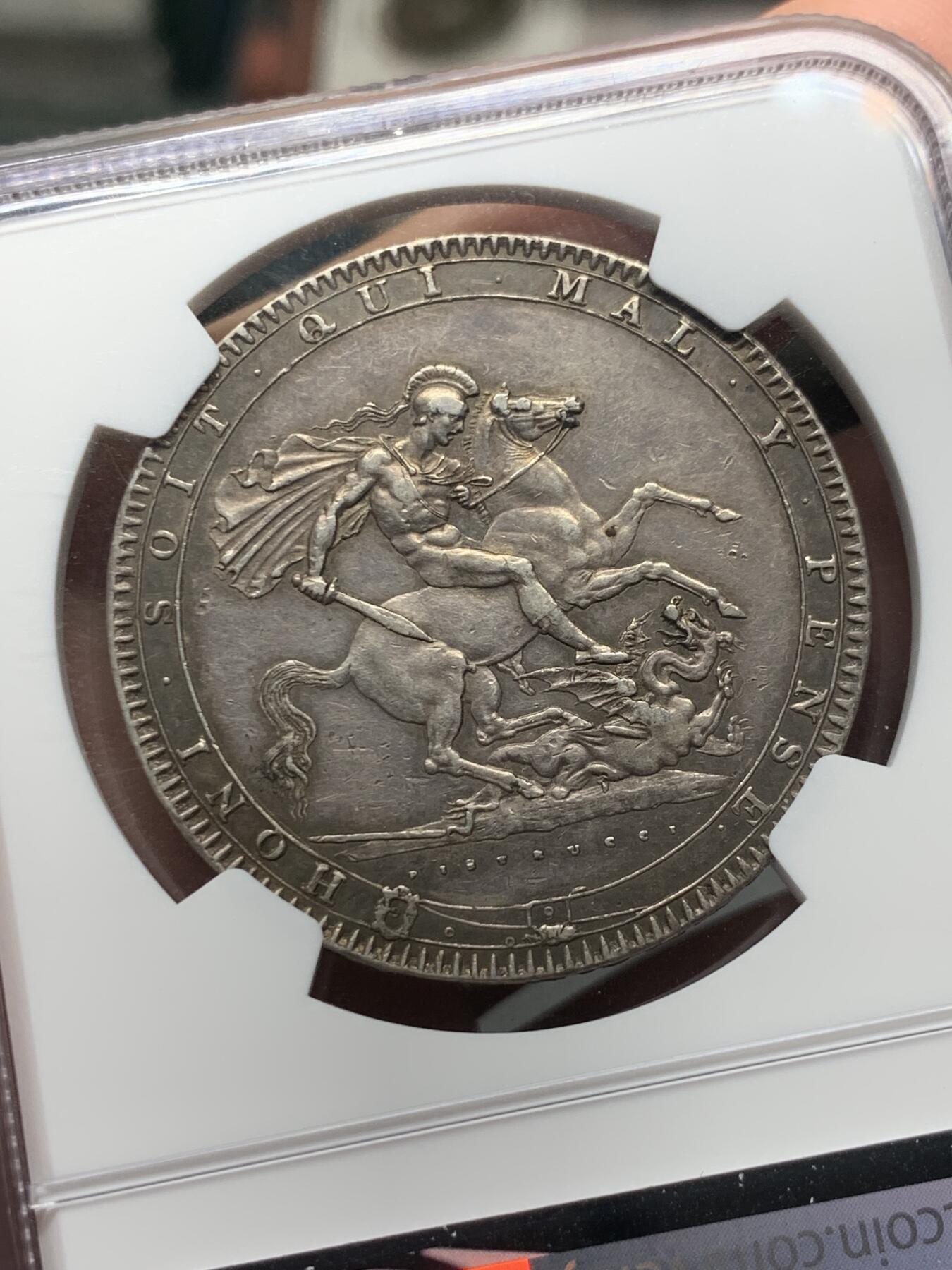 《竞宝斋》第323场 周日，周一，2场连拍 （全场包邮） NGC AU55 英国1819年乔治三世1克朗马剑银币 原味包浆