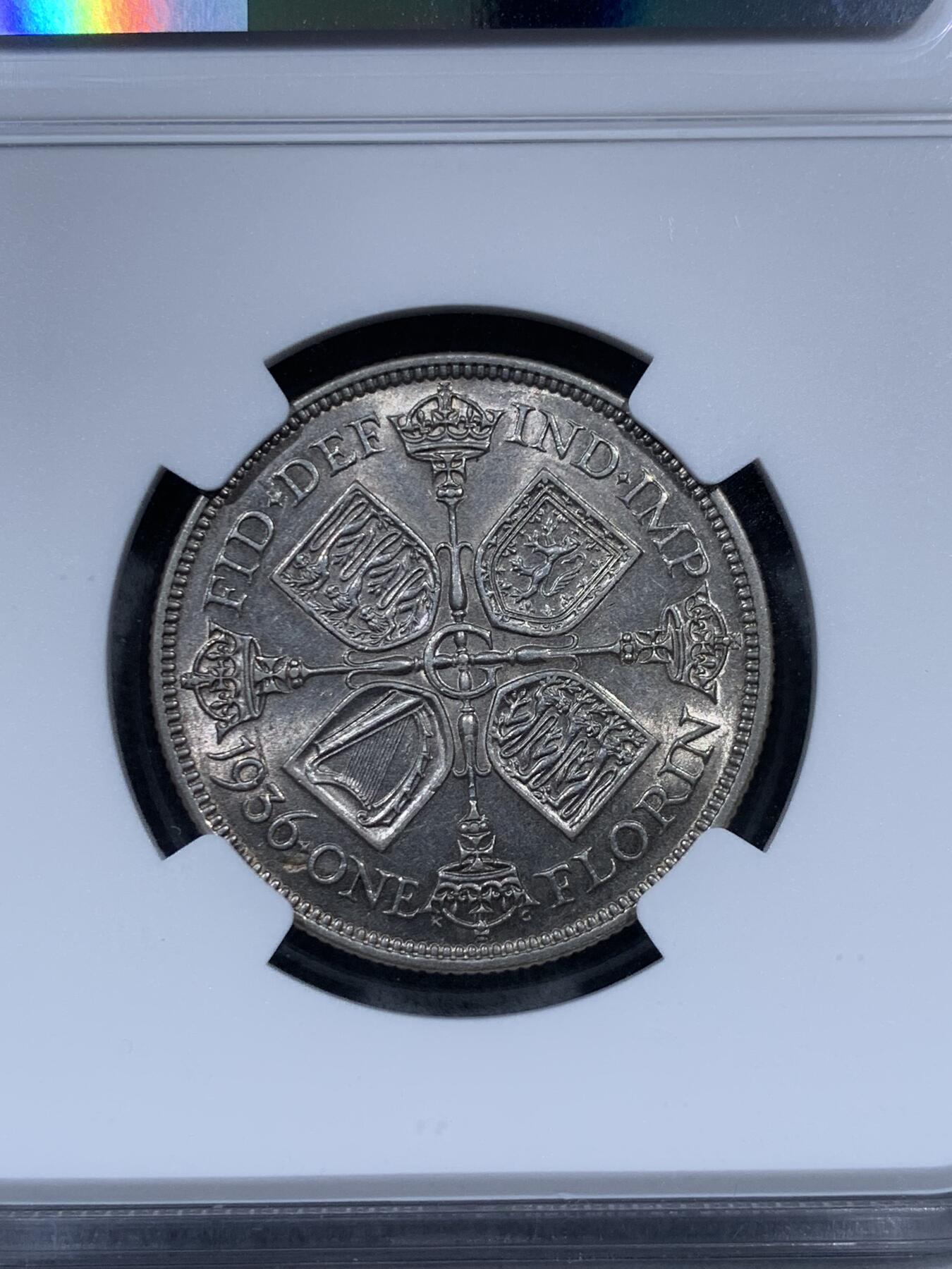 《竞宝斋》第323场 周日，周一，2场连拍 （全场包邮） NGC AU55 英国1936乔治五世1弗洛林银币 背面UNC转光明显