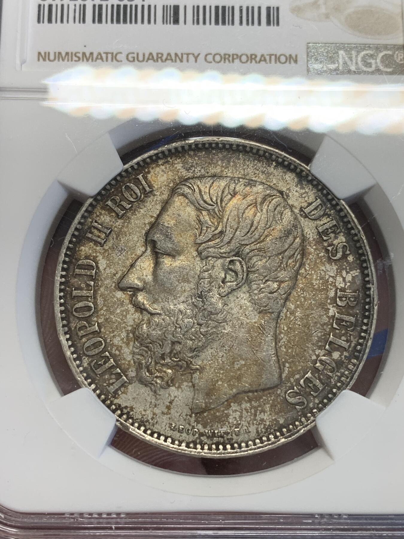 《竞宝斋》第323场 周日，周一，2场连拍 （全场包邮） NGC AU53 比利时 利奥波德二世 1875年 5法郎 酱彩银币 58的状态低