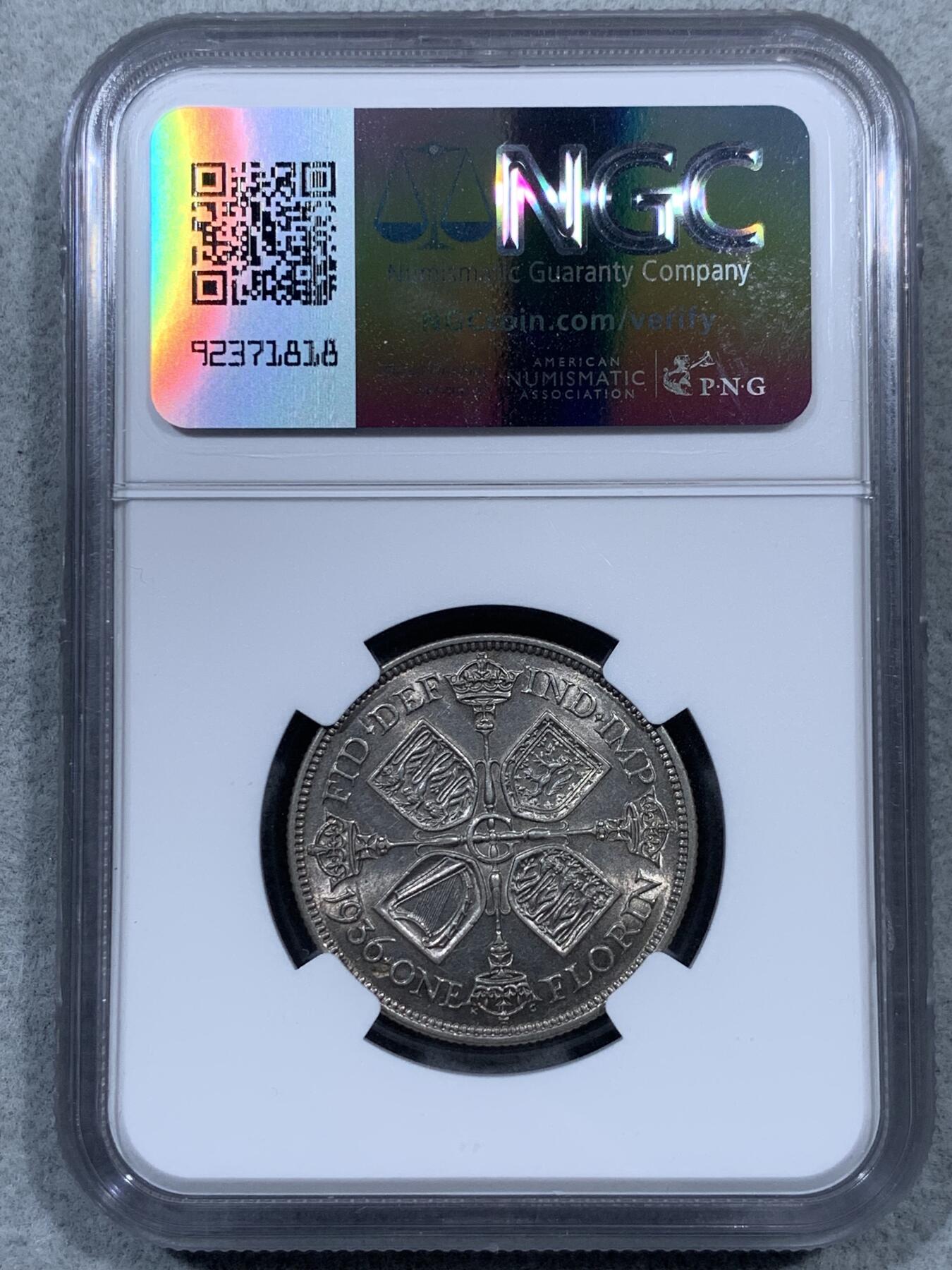 《竞宝斋》第323场 周日，周一，2场连拍 （全场包邮） NGC AU55 英国1936乔治五世1弗洛林银币 背面UNC转光明显