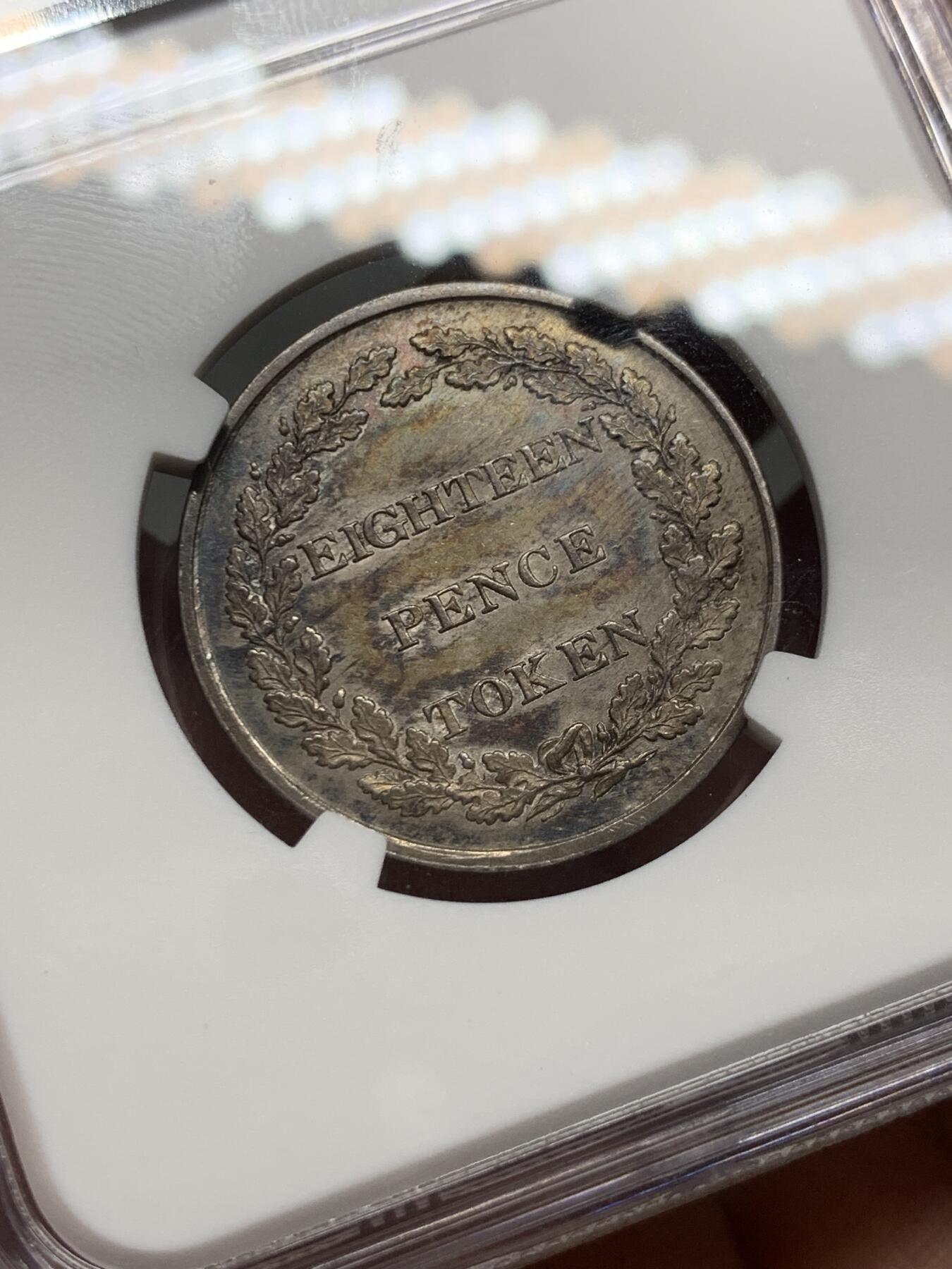 《竞宝斋》第323场 周日，周一，2场连拍 （全场包邮） 稀有 NGC MS63 英属 泽西岛 1813年 18便士银行银代币 是泽西岛铸造的第一批官方硬币 由皇家铸币厂根据 1813 年 2 月 5 日硬币委员会枢密令铸造，由首席雕刻师 Thomas Wyon Jr. 设计