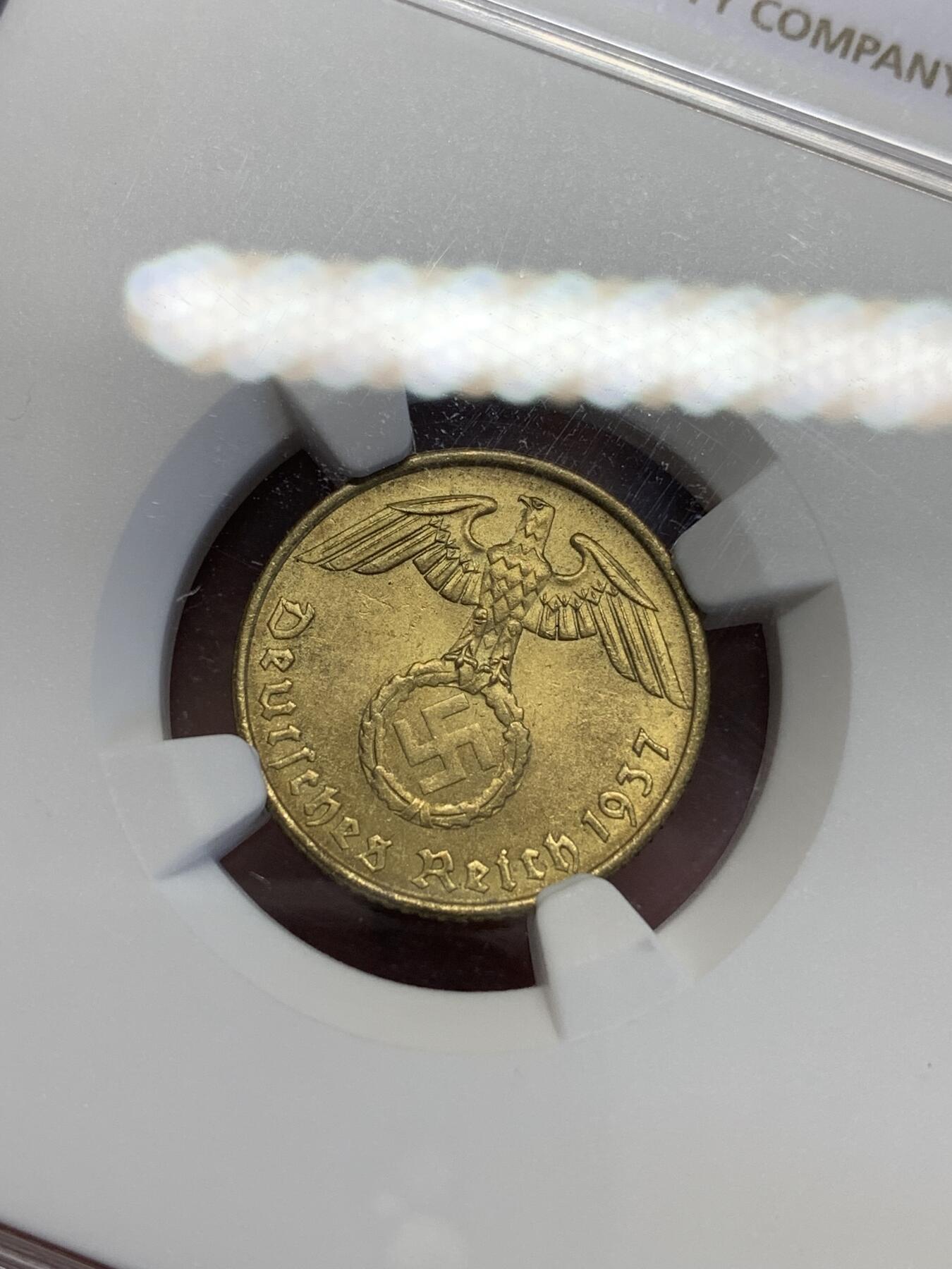 《竞宝斋》第323场 周日，周一，2场连拍 （全场包邮） NGC MS63 德国1937年A版帝国5盆尼
