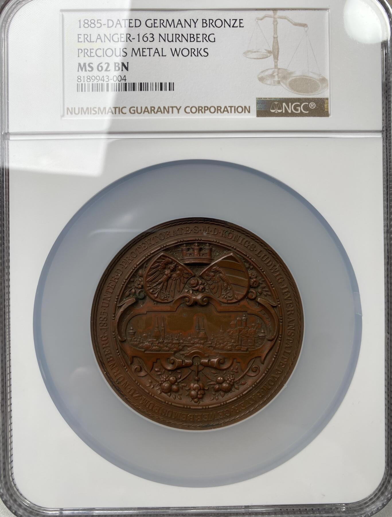 万国钱币拍卖第036期 NGC MS62 1885年德国纽伦堡国际贵金属和合金作品展览纪念景观大铜章 巴伐利亚国王路德维希二世赞助下在纽伦堡举行 高浮雕城市景观 大规格 65MM 159G