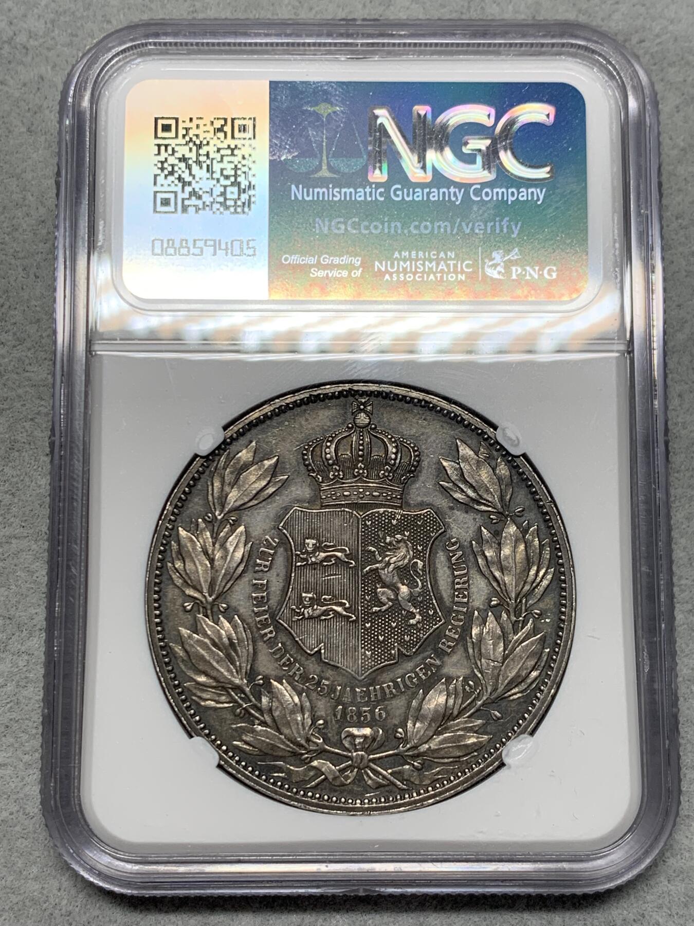 《竞宝斋》第323场 周日，周一，2场连拍 （全场包邮） NGC MS61 德国1856年不伦瑞克公国威廉八世公爵2泰勒银币