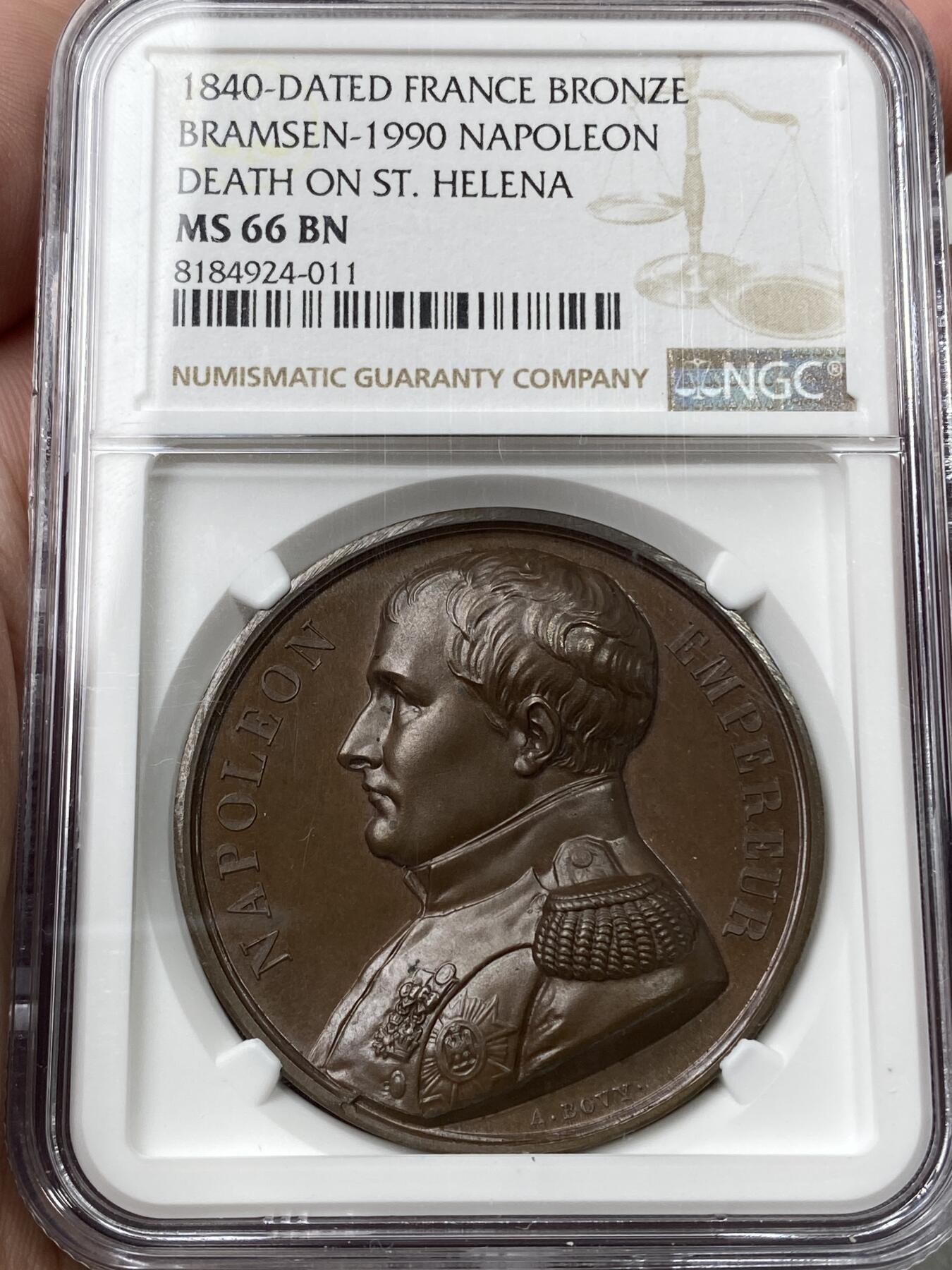 万国钱币拍卖第036期 NGC-MS66拿破仑百日王朝军装铜章1840年为纪念拿皇遗体从圣赫勒拿岛迁回巴黎而发行的铜章 NP盒双料冠军分 镜面五彩底板 拿章系列的完结章