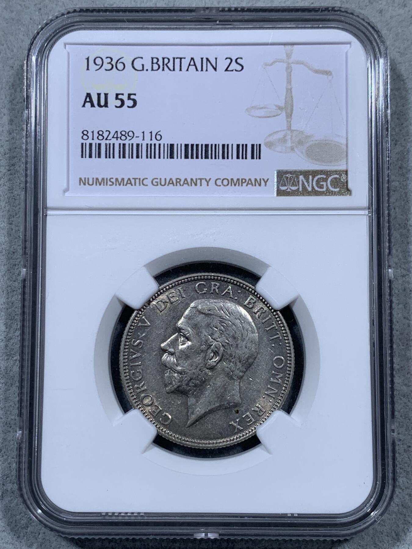 《竞宝斋》第323场 周日，周一，2场连拍 （全场包邮） NGC AU55 英国1936乔治五世1弗洛林银币 背面UNC转光明显