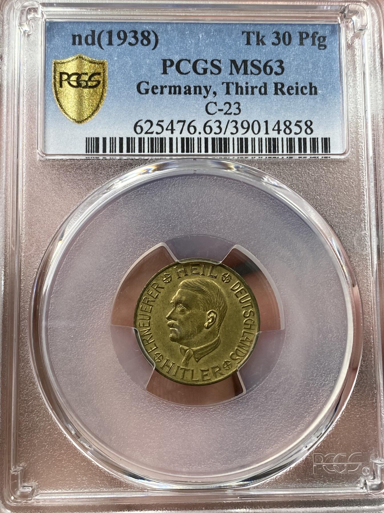 万国钱币拍卖第036期 PCGS MS63 1938年德国民族社会主义工人党党魁30芬尼代用币 铜制原光