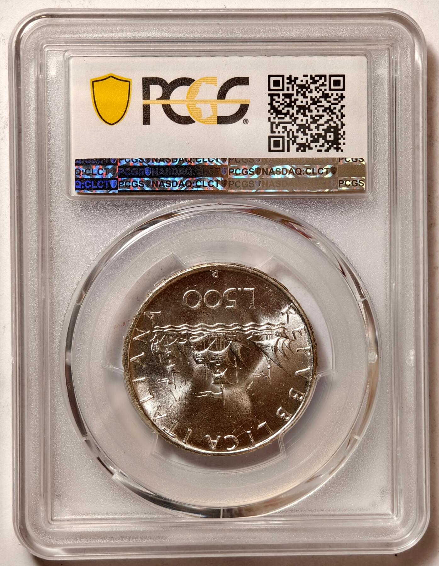紫瑗钱币——第464期 意大利 1966年 R版 少女与帆船 500里拉 银币 PCGS MS65