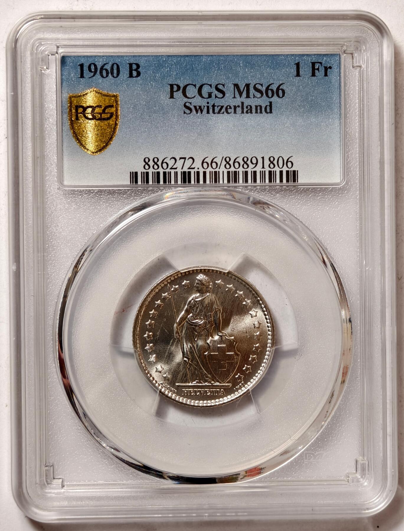 紫瑗钱币——第464期 瑞士 1960年 B版 赫尔维蒂亚 1法郎 银币 PCGS MS66