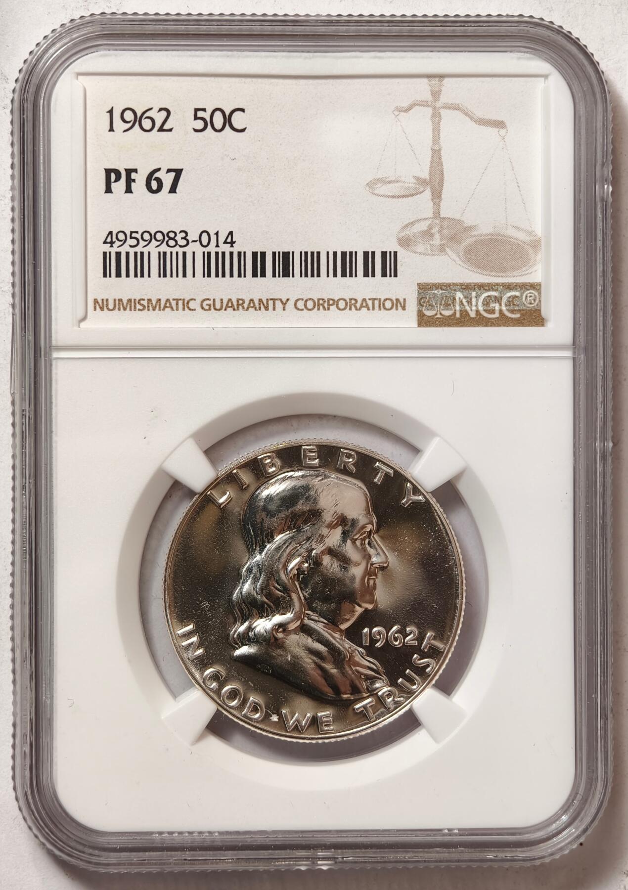 紫瑗钱币——第464期 美国 1962年 富兰克林 50美分 半美元 12.5克 0.9银 NGC PF67
