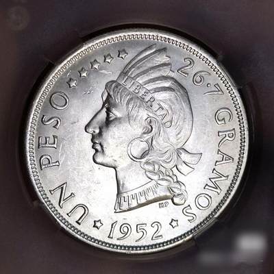 1952特年多米尼加1比索银币ACG金标MS64分0S原状态 - 1952特年多米尼加1比索银币ACG金标MS64分0S原状态