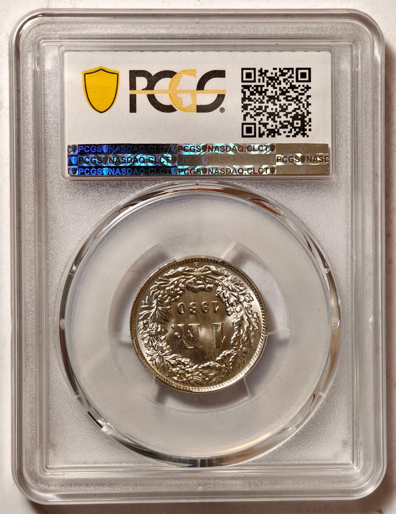 紫瑗钱币——第464期 瑞士 1960年 B版 赫尔维蒂亚 1法郎 银币 PCGS MS66