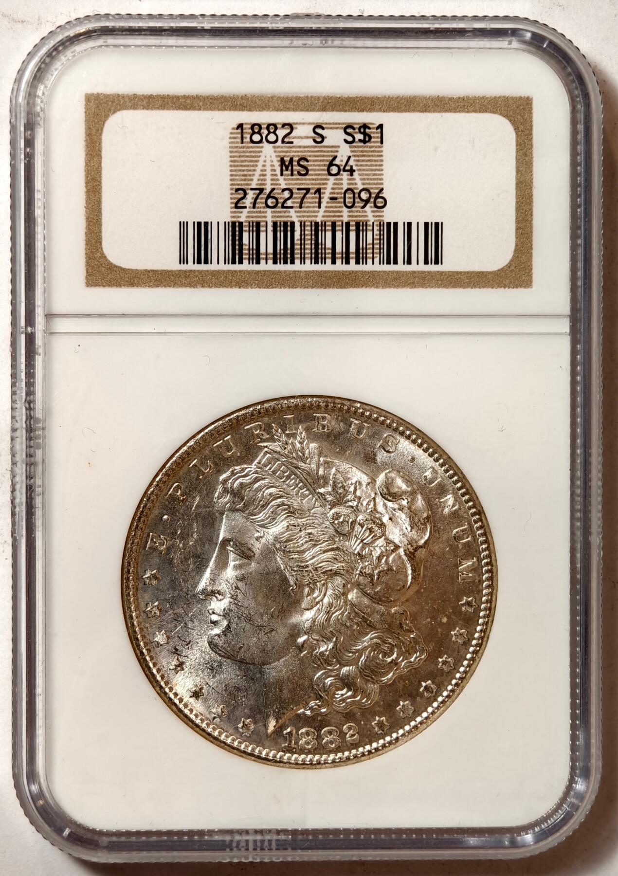 紫瑗钱币——第446期 美国 1882年 S版 摩根 大头妹 1美元 银币 NGC MS64