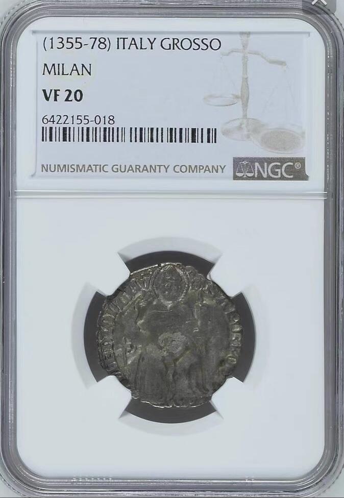 【冠军】NGC-VF20意大利-米兰1355-78年1格罗索银币